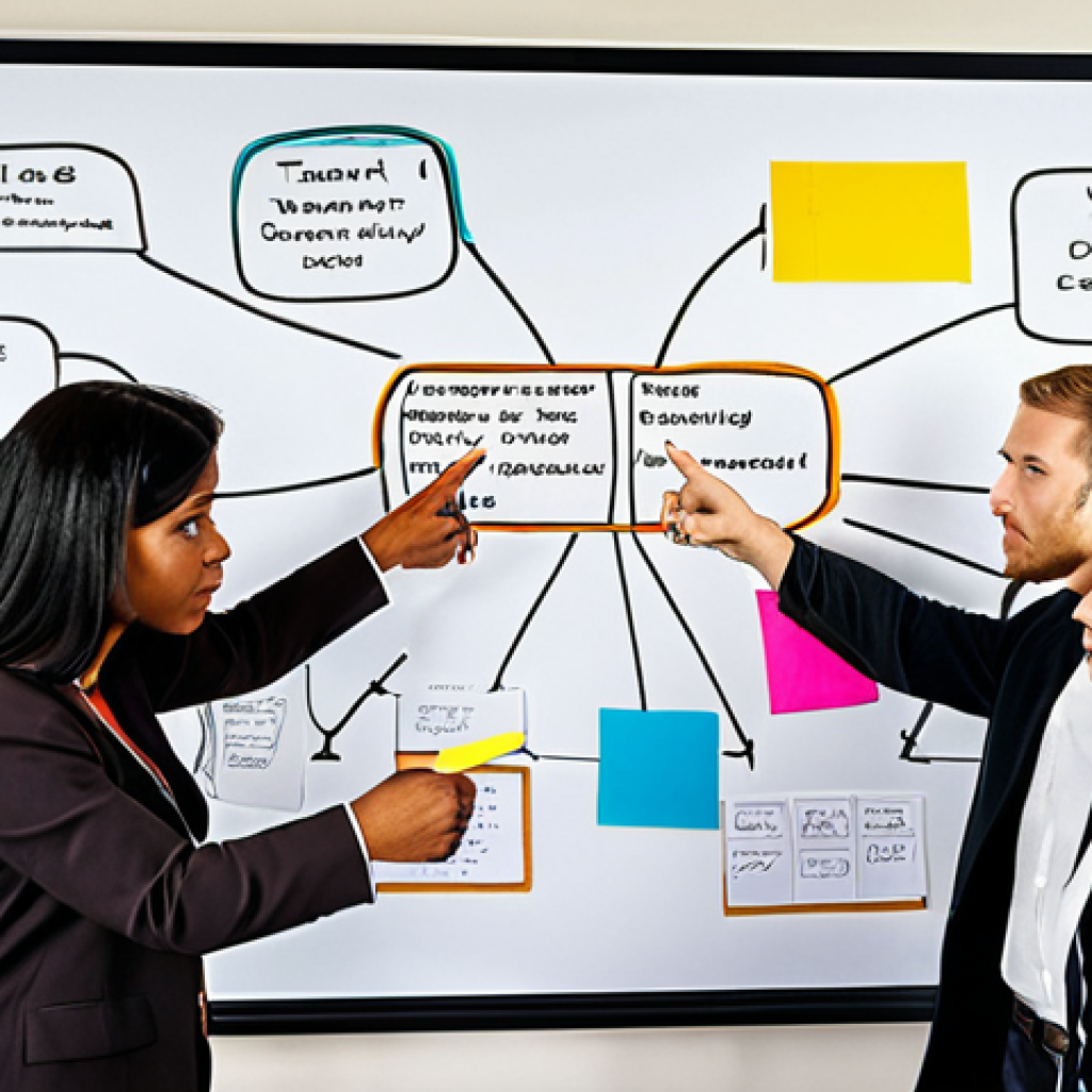 **A diverse team brainstorming ideas around a large mind map, sticky notes everywhere, some team members pointing at sections of the map, representing interdisciplinary collaboration and creative problem-solving.**