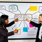 **A diverse team brainstorming ideas around a large mind map, sticky notes everywhere, some team members pointing at sections of the map, representing interdisciplinary collaboration and creative problem-solving.**