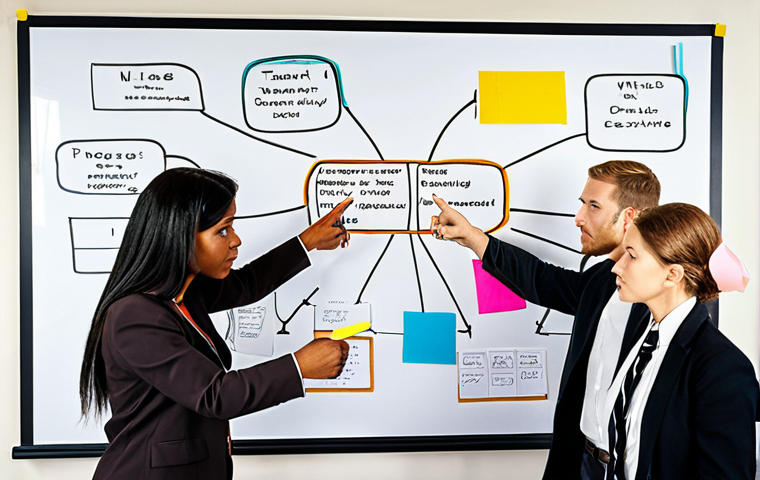 **A diverse team brainstorming ideas around a large mind map, sticky notes everywhere, some team members pointing at sections of the map, representing interdisciplinary collaboration and creative problem-solving.**
