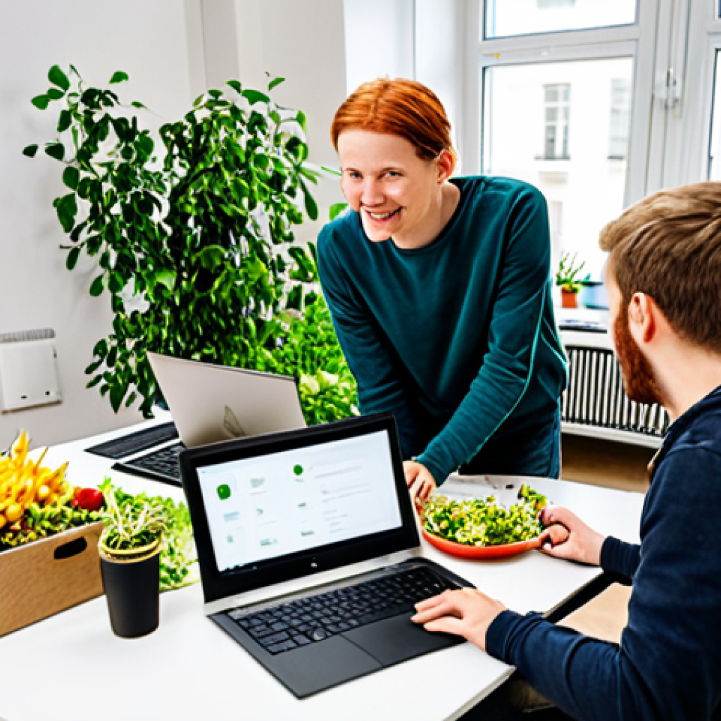 Sustainable Berlin Startup**
"A group of diverse, casually dressed professionals collaborating in a bright, modern office space in Berlin. They are brainstorming ideas around a table covered with laptops and healthy snacks. The scene emphasizes teamwork, innovation, and a commitment to sustainability (recycling bins visible, plants in the background). fully clothed, appropriate attire, safe for work, perfect anatomy, natural proportions, professional environment, family-friendly, showcasing a modern German startup culture focused on solving a problem like food waste reduction, high quality."
**
