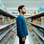 Home 18 문제해결 중심 포지셔닝의 의사결정 과정 - **Prompt 1: The Overwhelmed Consumer in the Supermarket**
A young adult, perhaps in their mid-20...