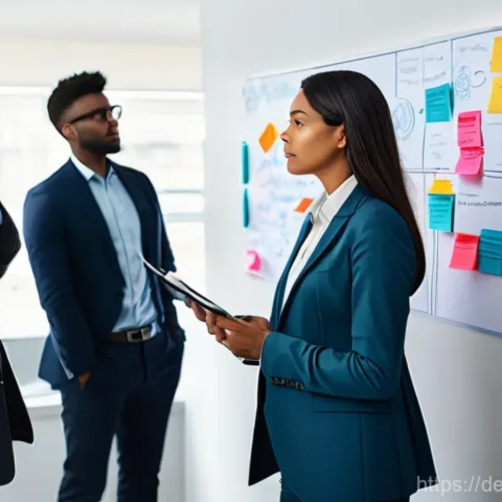 문제해결 중심 포지셔닝을 위한 고객 행동 분석 - **Prompt:** A diverse group of business professionals, including a woman with a thoughtful expressio...