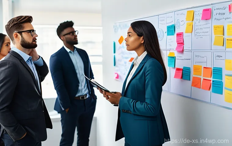 문제해결 중심 포지셔닝을 위한 고객 행동 분석 - **Prompt:** A diverse group of business professionals, including a woman with a thoughtful expressio...