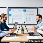 Home 15 문제해결 중심 포지셔닝에서의 내부 커뮤니케이션 중요성 - A modern German office environment with a diverse team of professionals engaged in a dynamic brainst...