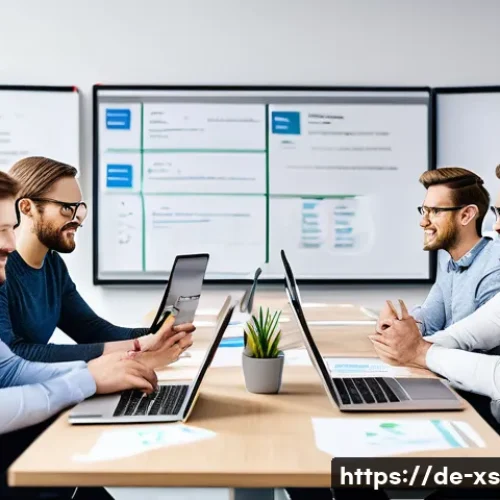 Home 27 문제해결 중심 포지셔닝에서의 내부 커뮤니케이션 중요성 - A modern German office environment with a diverse team of professionals engaged in a dynamic brainst...