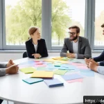 Home 19 문제해결 중심 포지셔닝을 위한 브레인스토밍 기법 - A modern office scene showing a diverse team of professionals engaged in a “World Café” style worksh...