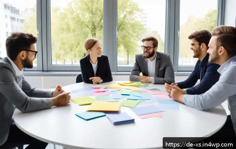 문제해결 중심 포지셔닝을 위한 브레인스토밍 기법 - A modern office scene showing a diverse team of professionals engaged in a “World Café” style worksh...